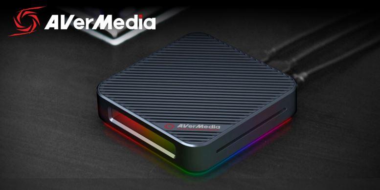 AVERMEDIA GC555 LIVE Gamer BOLT video capture box with sleek design and RGB lighting, showcasing its compact size and Thunderbolt 3 interface.