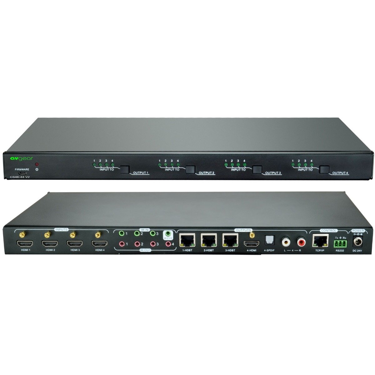 AVGear AVG-CS4K-44-V3 HDBT/HDMI 4x4 Matrix Switch with multiple HDMI inputs and outputs.