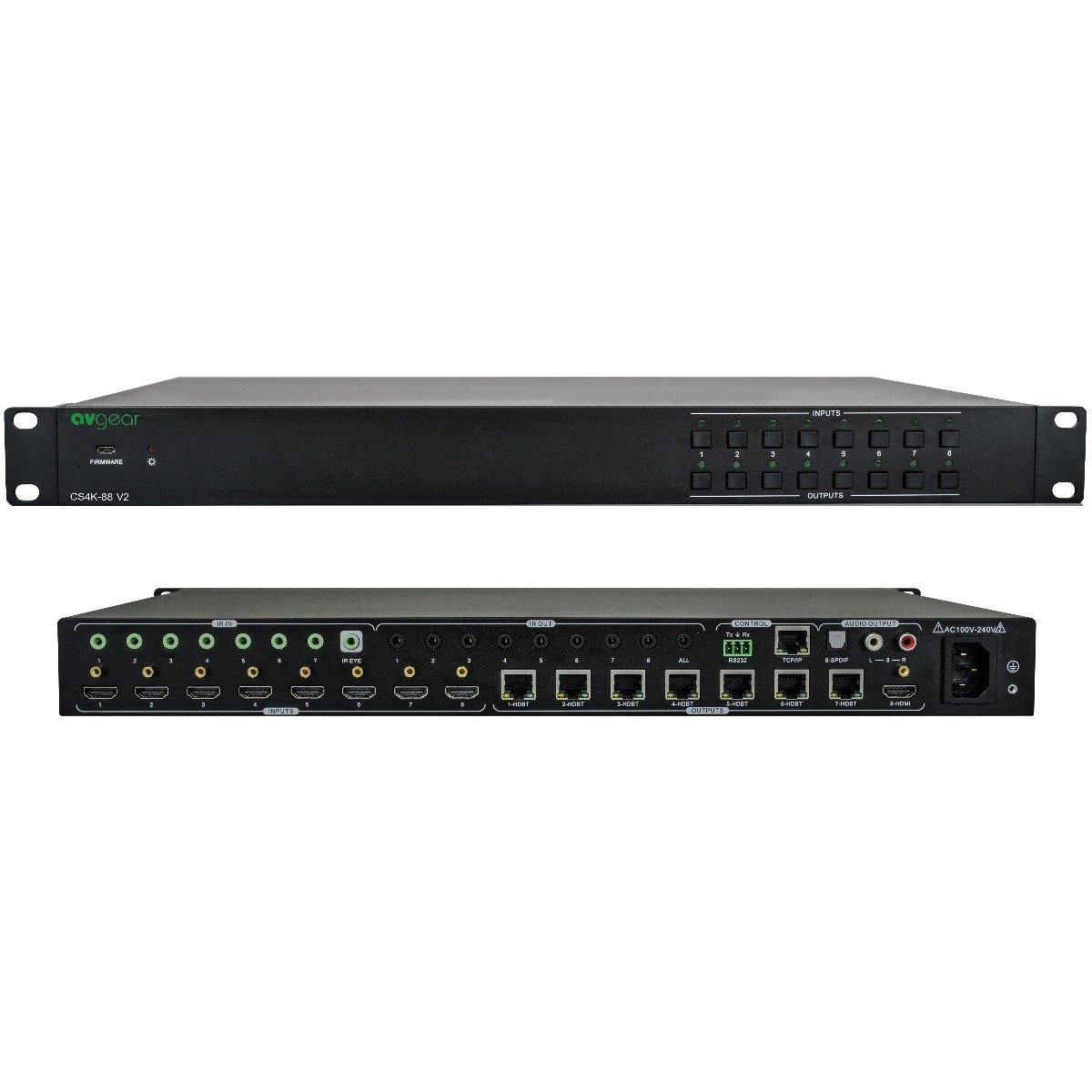 AVGear AVG-CS4K-88-V2 HDBT/HDMI 8 x 8 Matrix Switch with multiple outputs and control options.