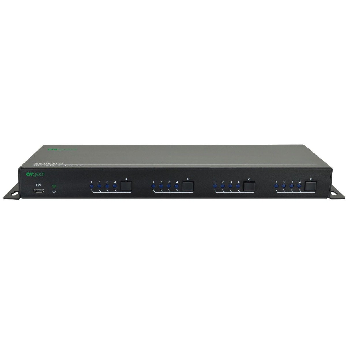 AVGear AVG-CS-HDMI44 HDMI 4 x 4 Matrix Switch with multiple input and output ports, showcasing its sleek design and control options.