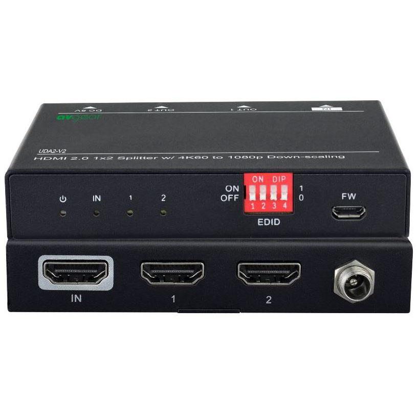 AVGear AVG-UDA2-V2 HDMI2.0 2 Way Splitter with dual HDMI outputs and compact design, ideal for high-resolution video transmission.