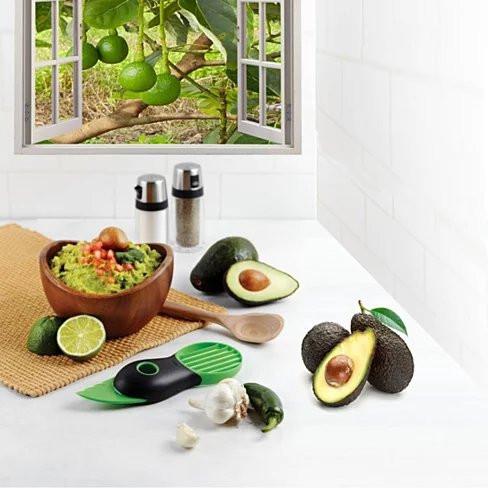 Avocado Joy 3-in-1 tool for slicing, pitting, and chopping avocados, featuring stainless steel blades and a BPA-free design.