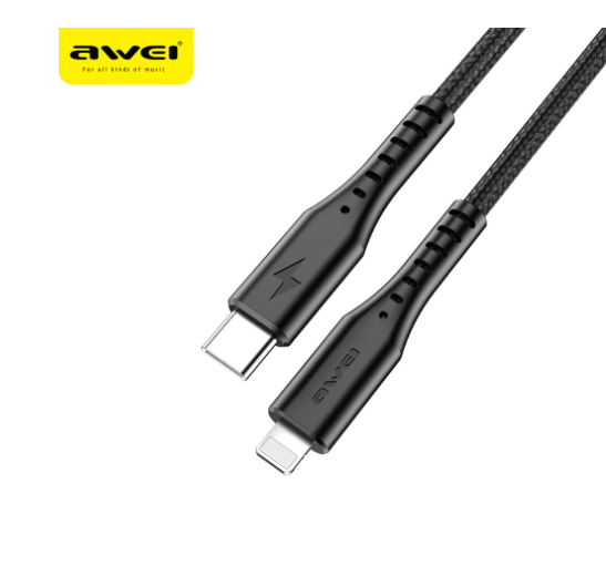 Awei Fast Charging Cable PD3.0 Type-C to Lightning, featuring a durable braid wire design, ideal for quick charging of iPhone and iPad devices.