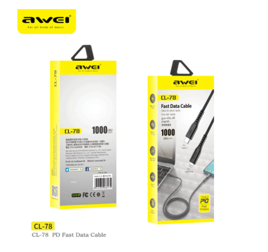 Awei Fast Charging Cable PD3.0 Type-C to Lightning, featuring a durable braid wire design, ideal for quick charging of iPhone and iPad devices.