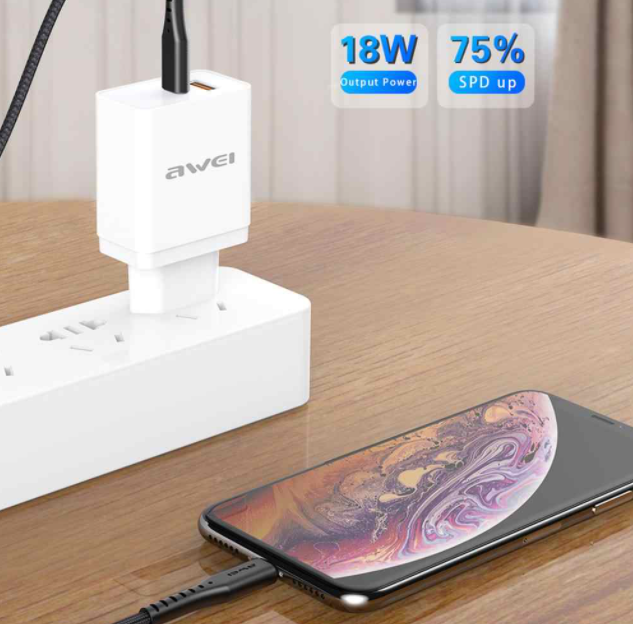 Awei Fast Charging Cable PD3.0 Type-C to Lightning, featuring a durable braid wire design, ideal for quick charging of iPhone and iPad devices.