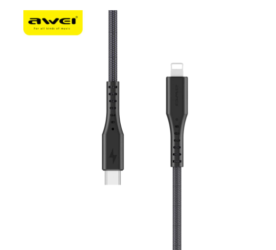 Awei Fast Charging Cable PD3.0 Type-C to Lightning, featuring a durable braid wire design, ideal for quick charging of iPhone and iPad devices.