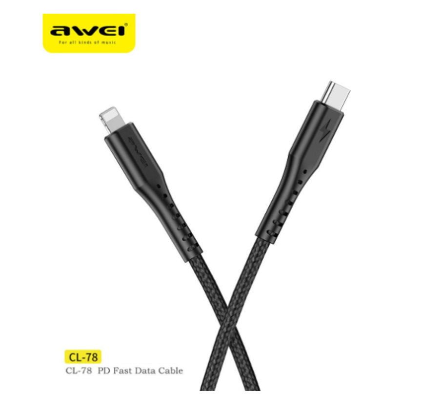 Awei Fast Charging Cable PD3.0 Type-C to Lightning, featuring a durable braid wire design, ideal for quick charging of iPhone and iPad devices.