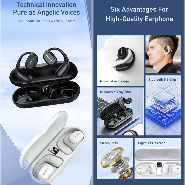 Awei T69 Air Conduction Sport TWS Bluetooth Earbuds in black, showcasing their sleek design and earhook style.