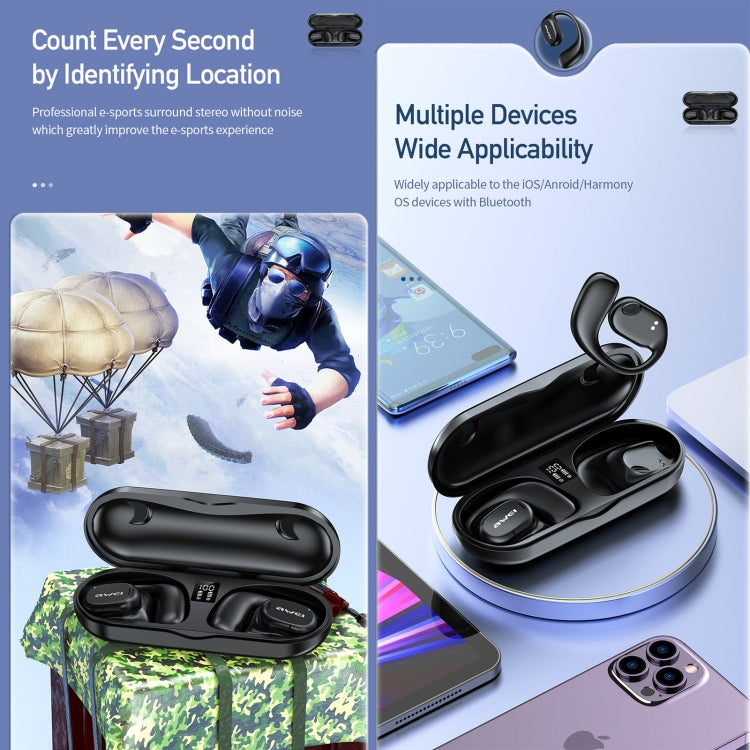 Awei T69 Air Conduction Sport TWS Bluetooth Earbuds in black, showcasing their sleek design and earhook style.