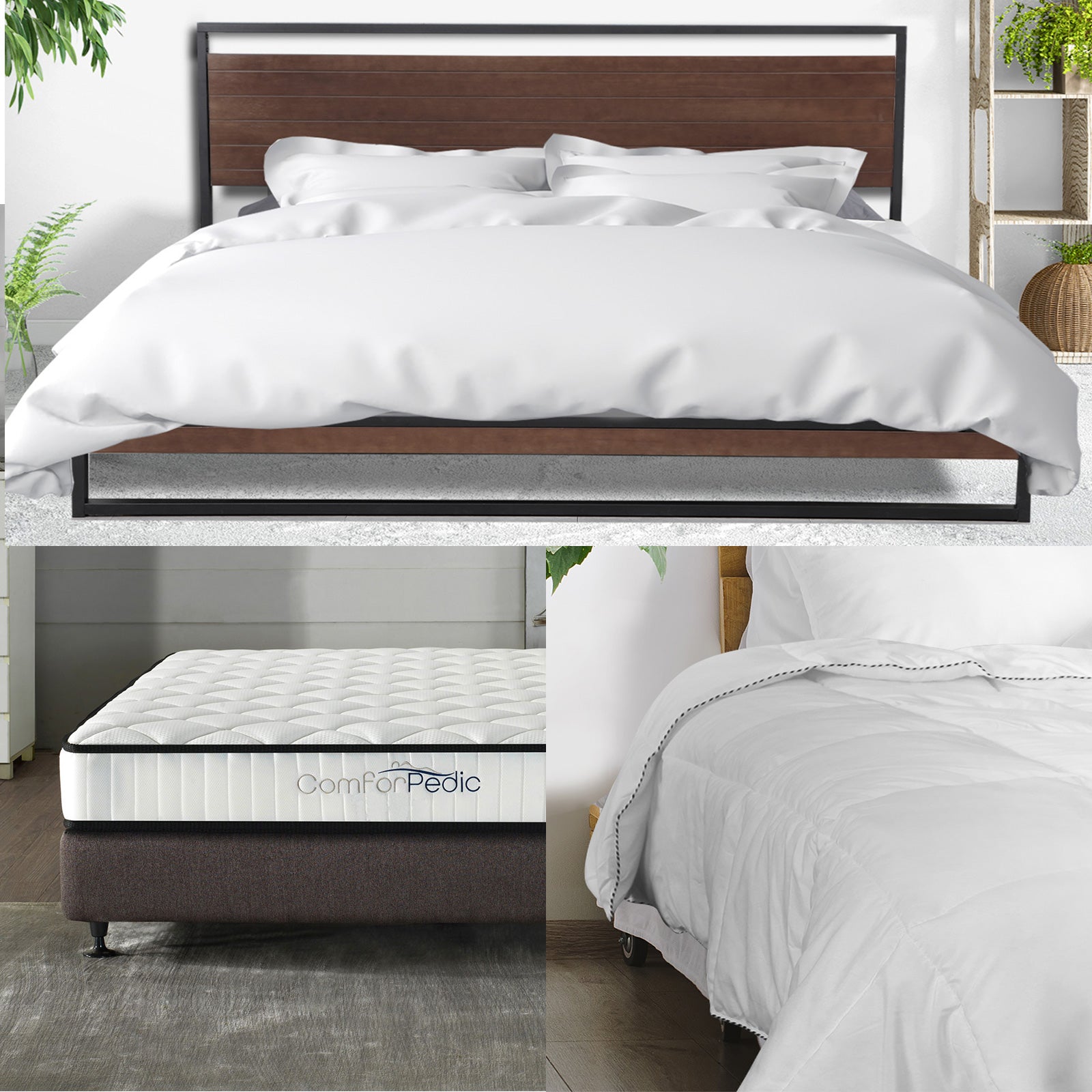 Azure Bed Frame with Comforpedic Mattress and Bamboo Quilt, showcasing modern design and comfort features.