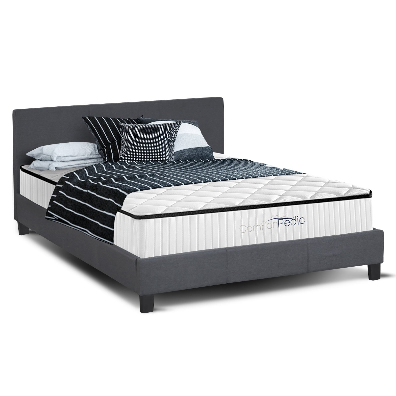 Azure Bed Frame with Comforpedic Mattress and Bamboo Quilt, showcasing modern design and comfort features.