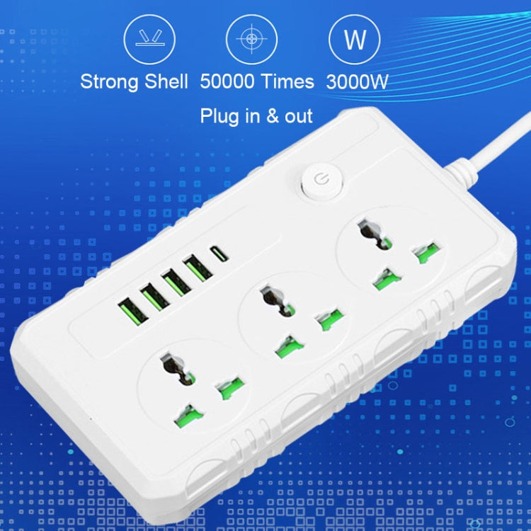 B09 2m 3000W multifunctional power strip with 3 plugs, PD, and 4 USB ports, showcasing its sleek design and safety features.