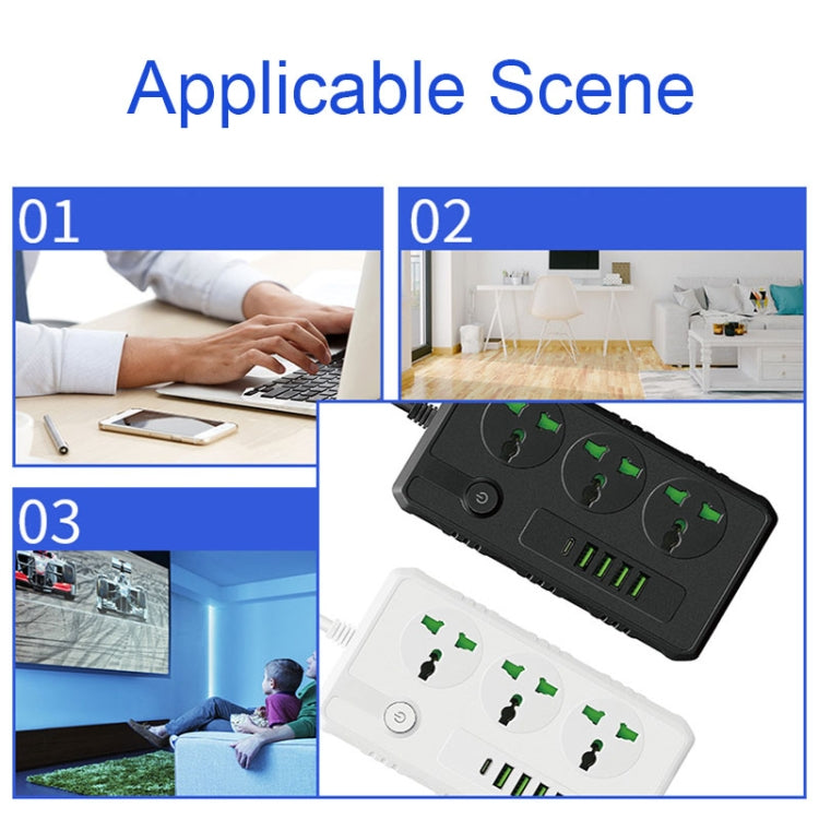 B09 2m 3000W multifunctional power strip with 3 plugs, PD, and 4 USB ports, showcasing its sleek design and safety features.