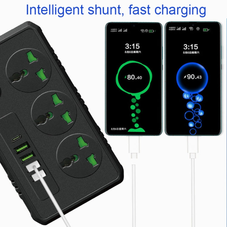 B09 2m 3000W multifunctional power strip with 3 plugs, PD, and 4 USB ports, showcasing its sleek design and safety features.