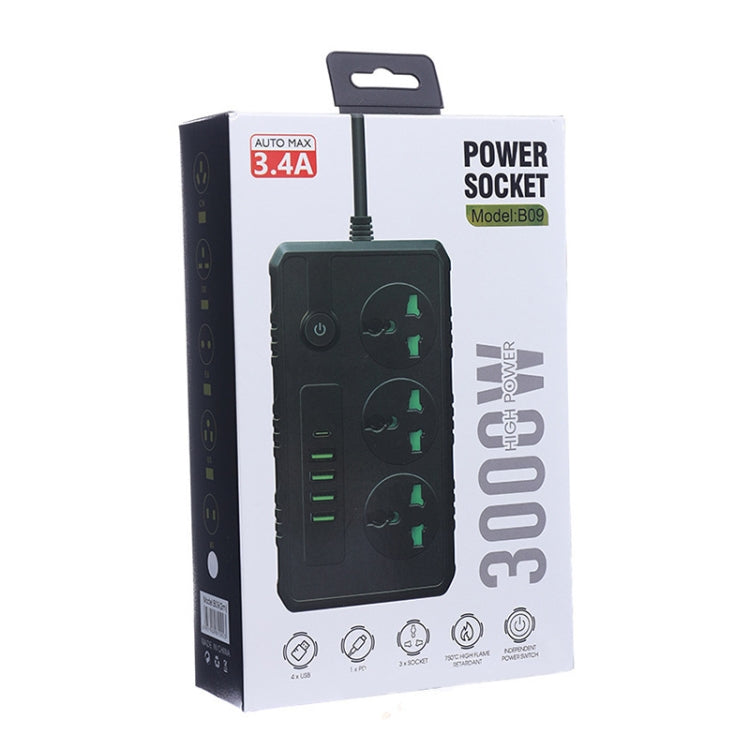 B09 2m 3000W multifunctional power strip with 3 plugs, PD, and 4 USB ports, showcasing its sleek design and safety features.