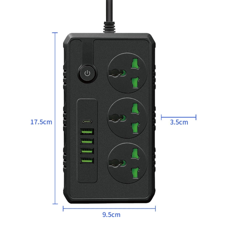 B09 2m 3000W multifunctional power strip with 3 plugs, PD, and 4 USB ports, showcasing its sleek design and safety features.