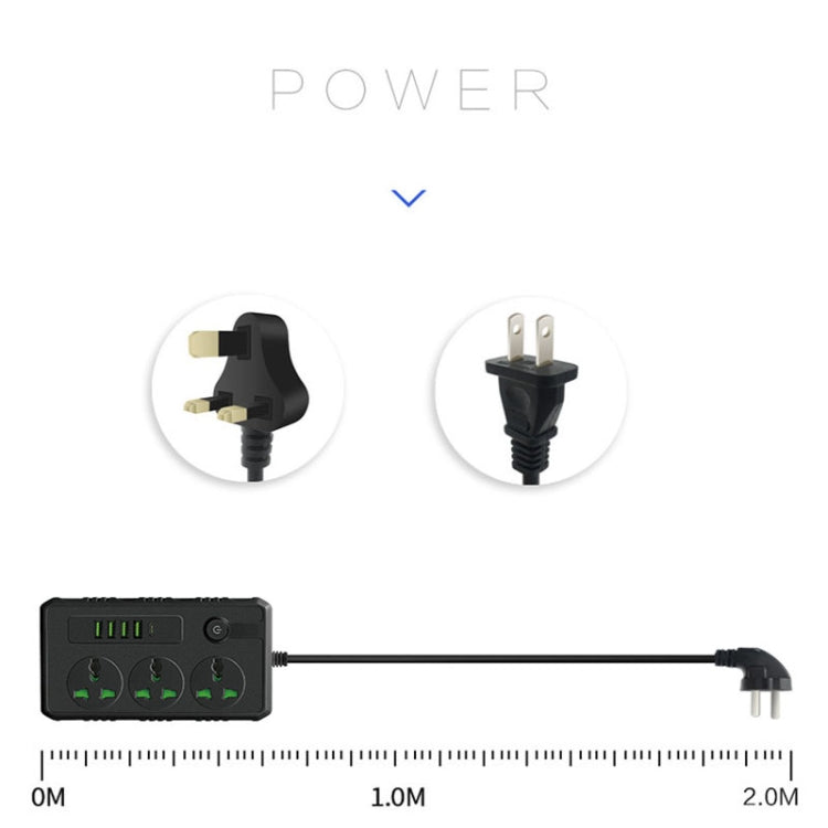 B09 2m 3000W multifunctional power strip with 3 plugs, PD, and 4 USB ports, showcasing its sleek design and safety features.