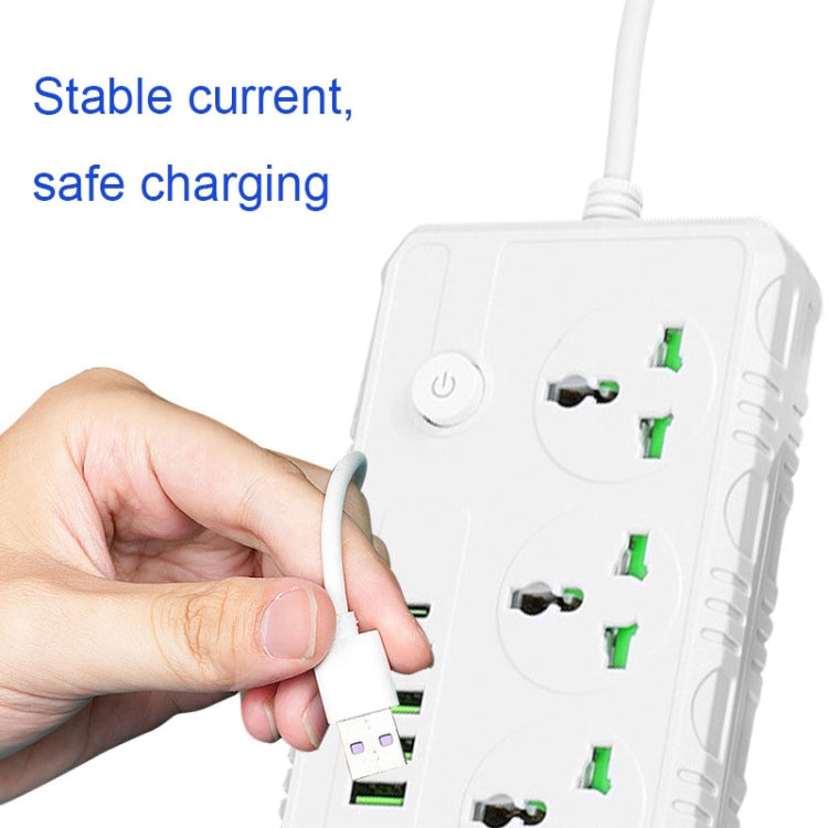 B09 2m 3000W multifunctional power strip with 3 plugs, PD, and 4 USB ports, showcasing its sleek design and safety features.