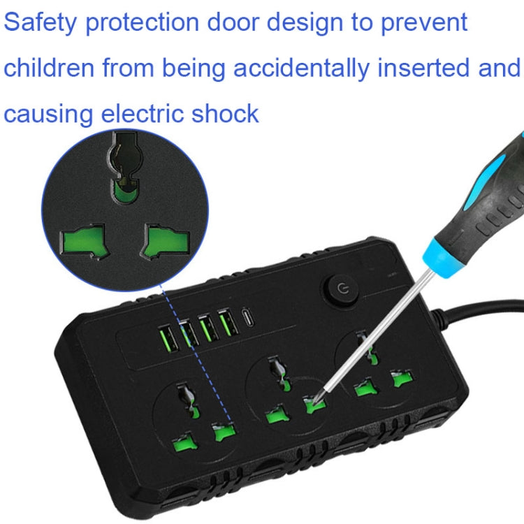 B09 2m 3000W multifunctional power strip with 3 plugs, PD, and 4 USB ports, featuring a child protection safety door.