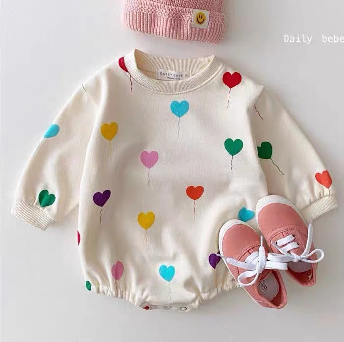 Baby Kid Unisex Love Heart Print Rompers in beige, suitable for boys and girls aged 0-4 years, featuring a playful heart pattern.