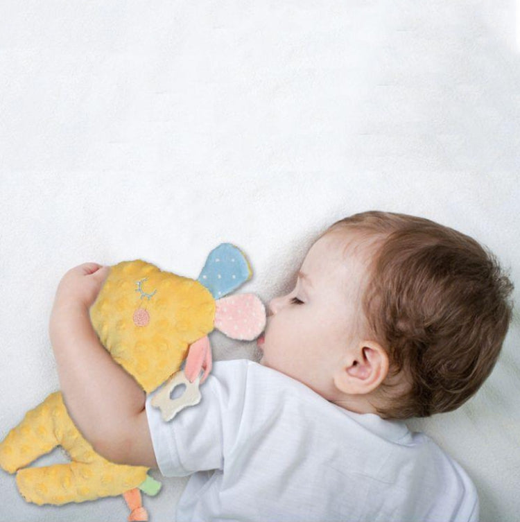 Baby Sleep Comfort Doll, a soft plush toy designed for infants, featuring a teether and 3D peas suede material for comfort.