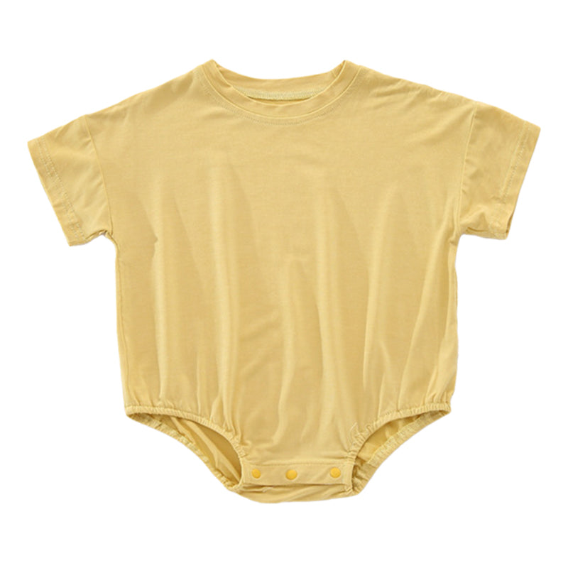 Baby unisex solid color rompers in various colors including pink, blue, green, and yellow, made from soft cotton blend fabric.