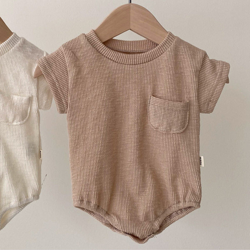 Baby unisex solid color rompers in white and coffee, made from soft cotton blend fabric, suitable for infants aged 0-24 months.