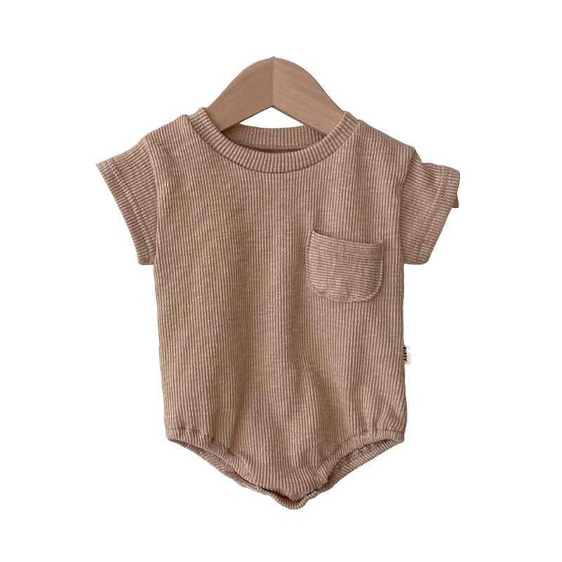 Baby unisex solid color rompers in white and coffee, made from soft cotton blend fabric, suitable for infants aged 0-24 months.