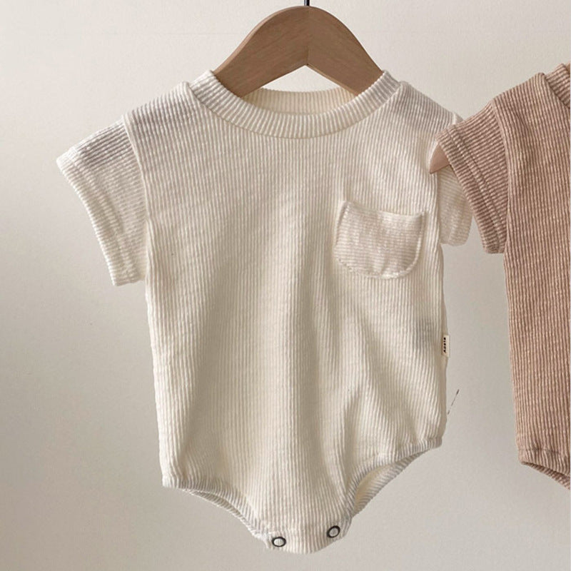 Baby unisex solid color rompers in white and coffee, made from soft cotton blend fabric, suitable for infants aged 0-24 months.