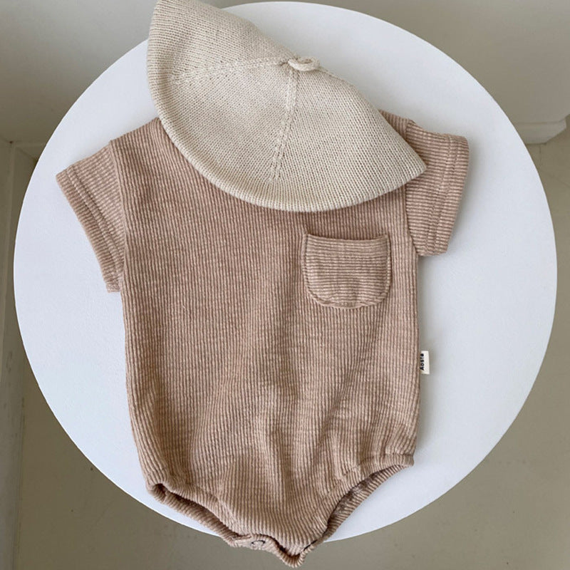 Baby unisex solid color rompers in white and coffee, made from soft cotton blend fabric, suitable for infants aged 0-24 months.