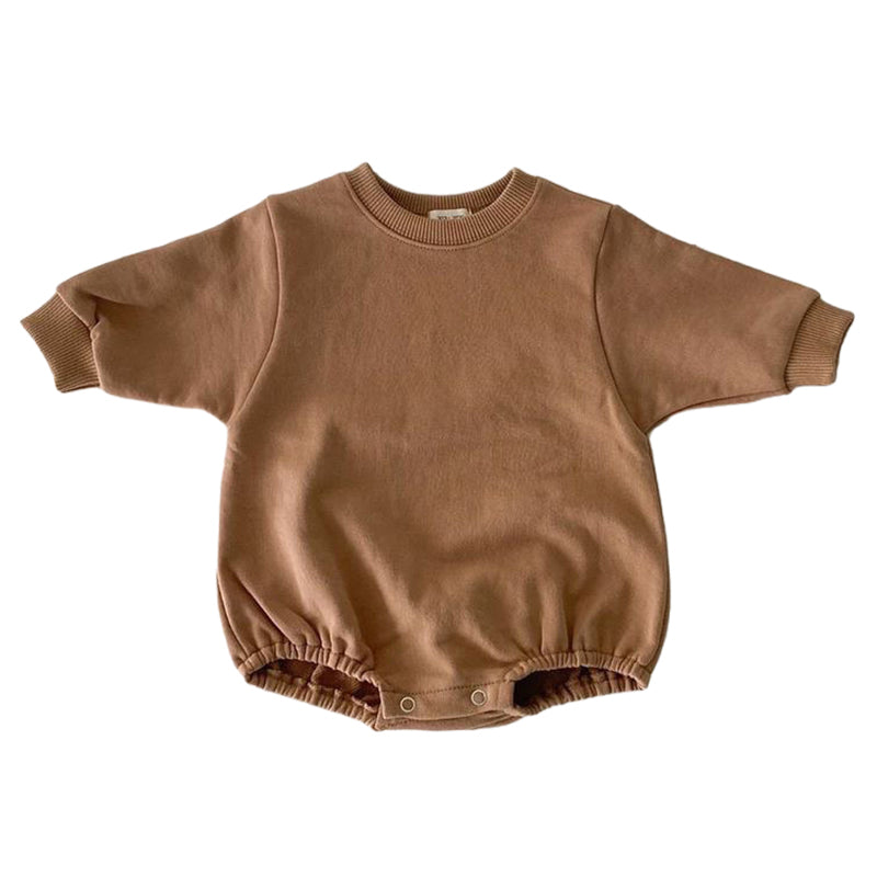 Baby unisex solid color rompers in beige and coffee, made from a soft cotton blend, suitable for boys and girls aged 3-18 months.