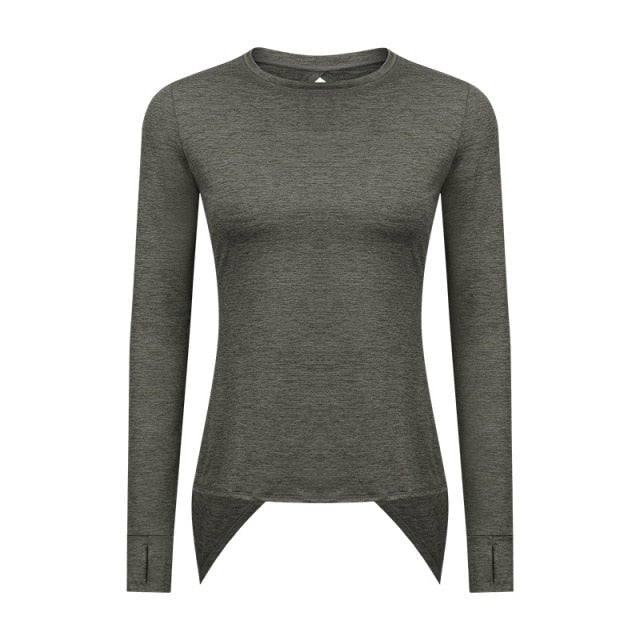 A stylish back open long sleeve training fitness yoga shirt for women, featuring a crew neck and thumb holes, perfect for workouts.