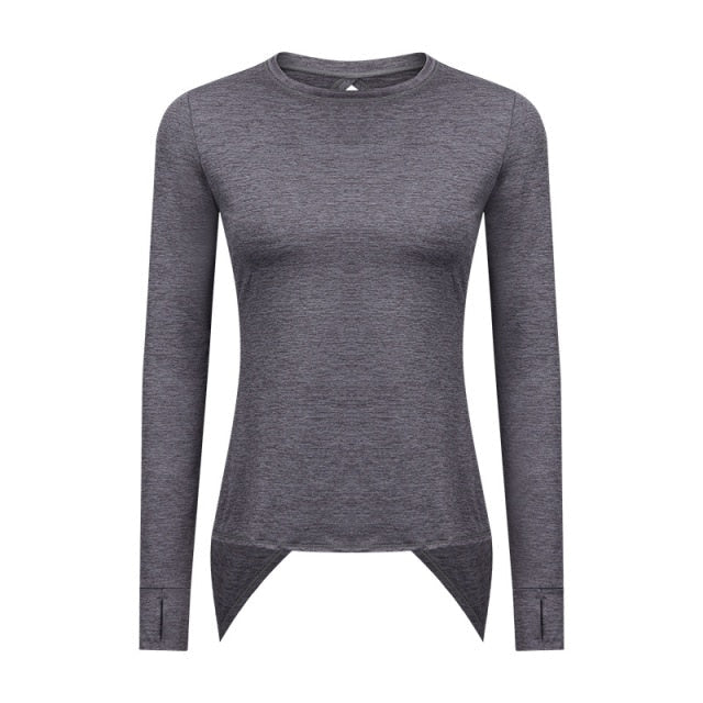 A stylish back open long sleeve training fitness yoga shirt for women, featuring a crew neck and thumb holes, perfect for workouts.