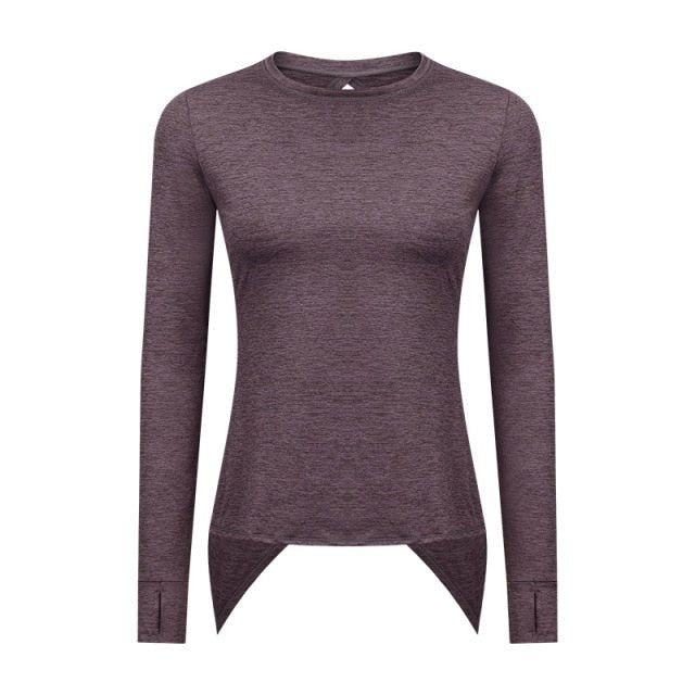 A stylish back open long sleeve training fitness yoga shirt for women, featuring a crew neck and thumb holes, perfect for workouts.