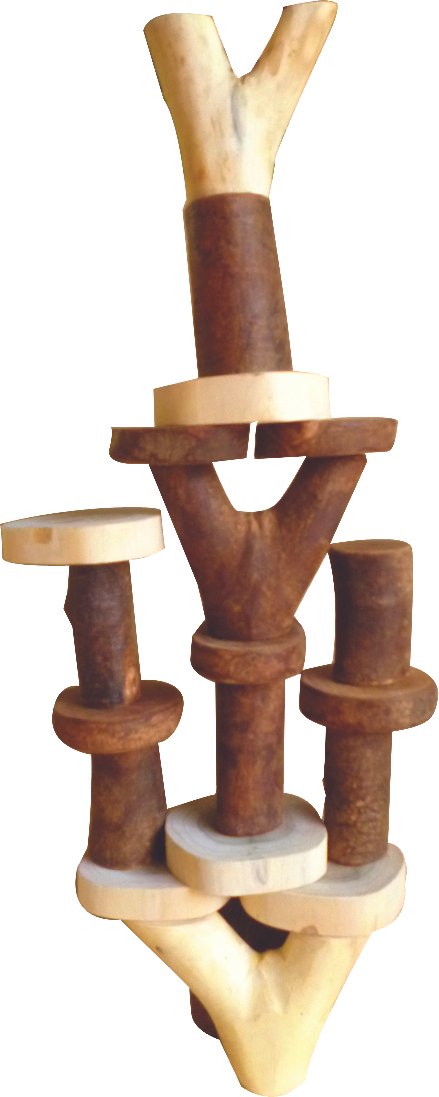 A colorful set of natural wooden blocks for the Balancing Tree game, showcasing various sizes and shapes, neatly arranged in a cotton bag.