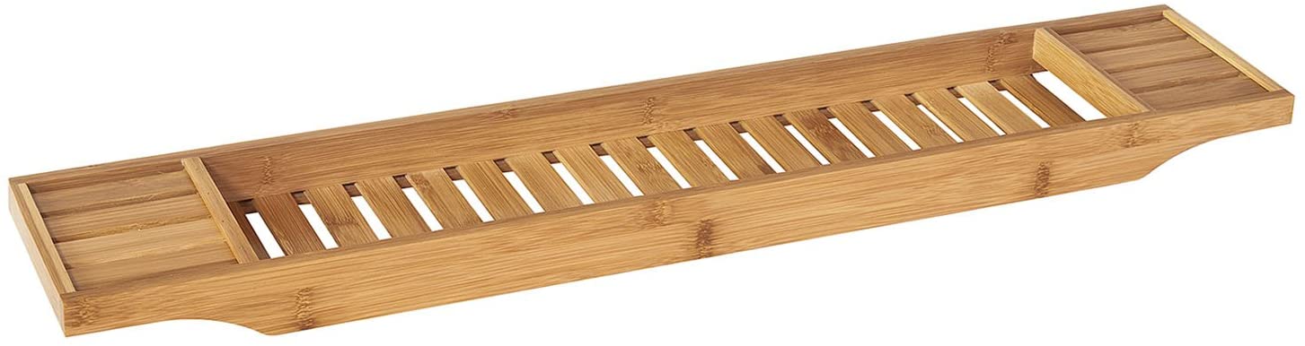 A natural bamboo bath caddy tray organiser, showcasing its sleek design and moisture-resistant finish, ideal for storing bath essentials.