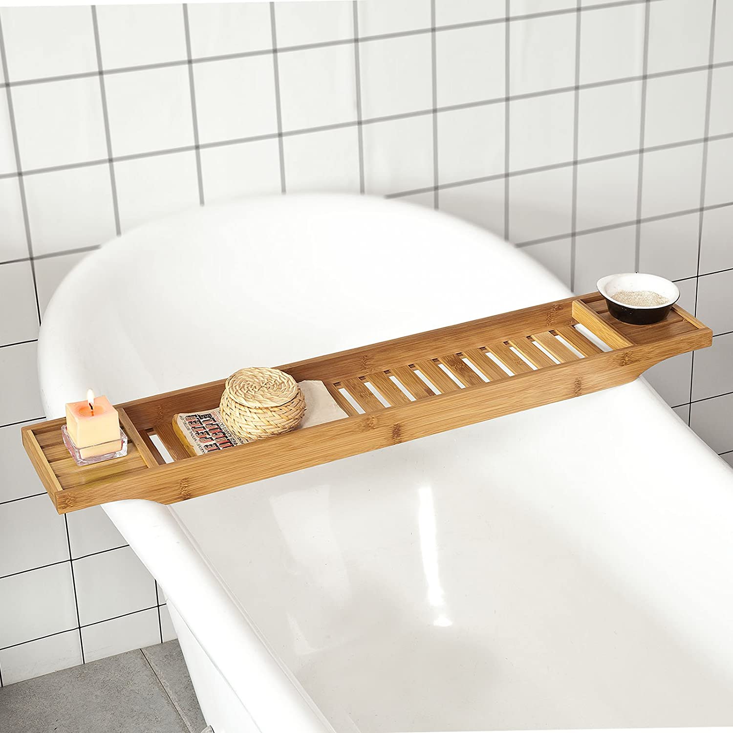 A natural bamboo bath caddy tray organiser, showcasing its sleek design and moisture-resistant finish, ideal for storing bath essentials.