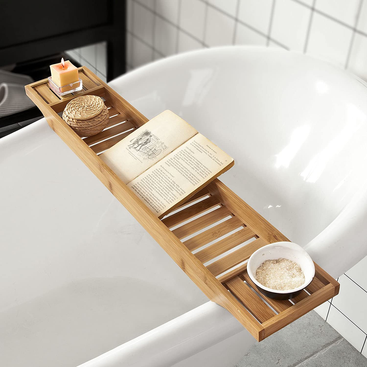 A natural bamboo bath caddy tray organiser, showcasing its sleek design and moisture-resistant finish, ideal for storing bath essentials.