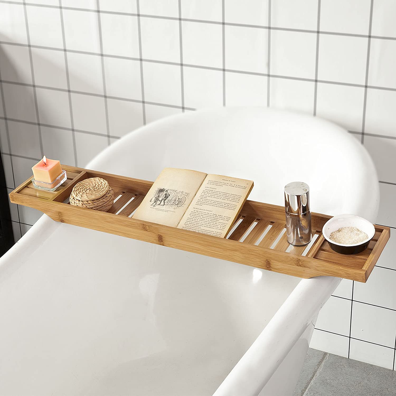 A natural bamboo bath caddy tray organiser, showcasing its sleek design and moisture-resistant finish, ideal for storing bath essentials.