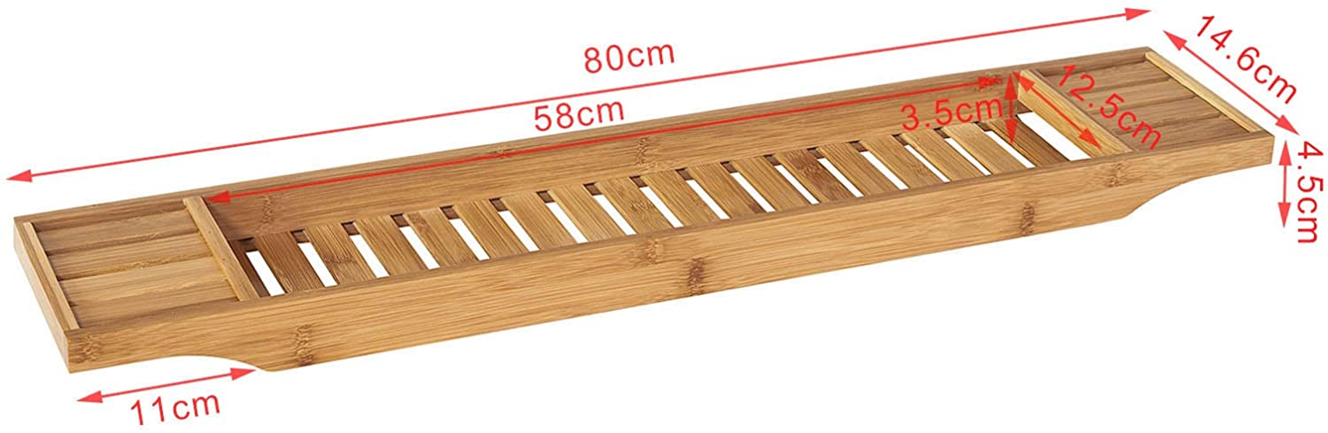 A natural bamboo bath caddy tray organiser, showcasing its sleek design and moisture-resistant finish, ideal for storing bath essentials.