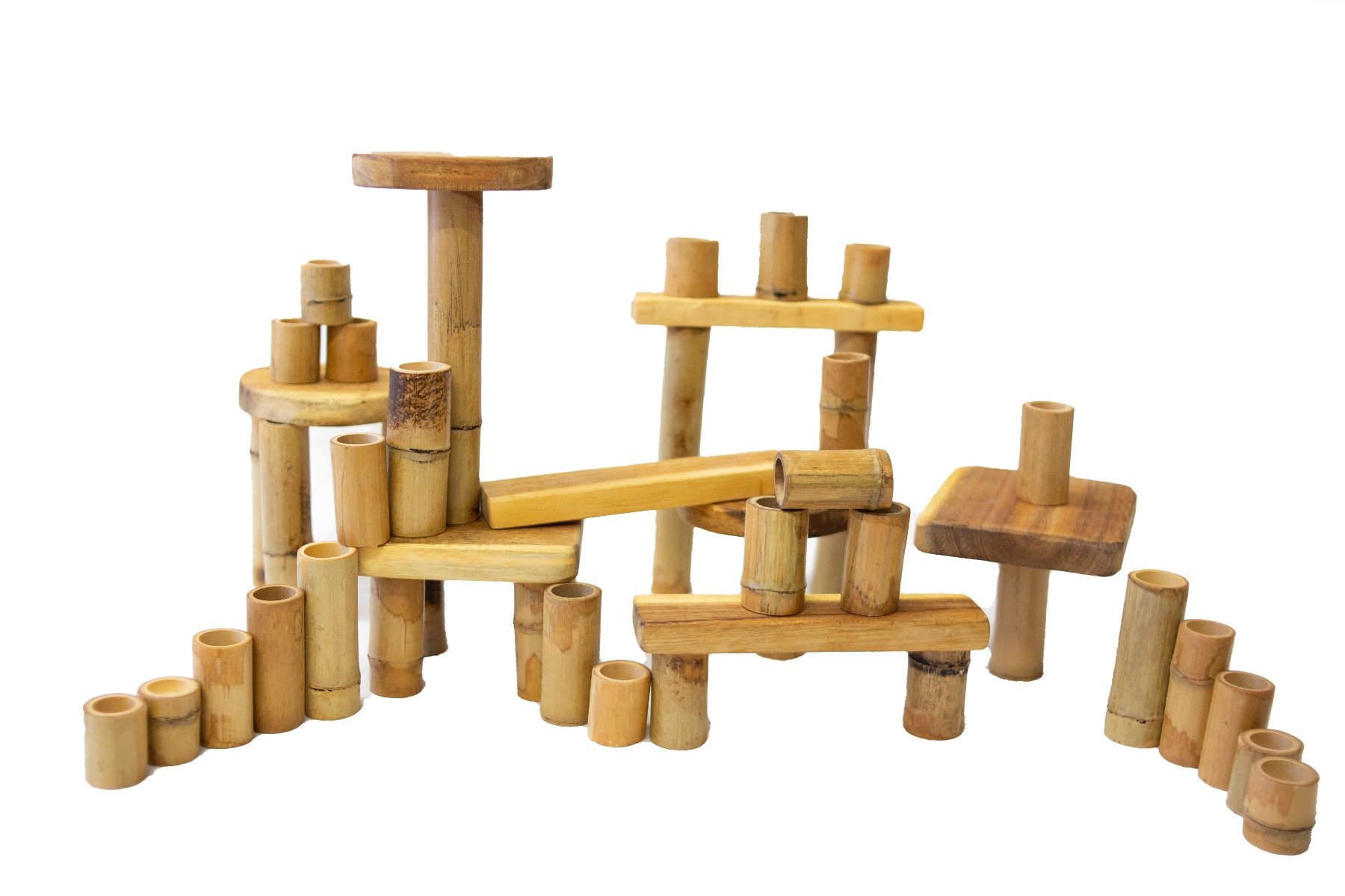 A colorful assortment of 46 bamboo and acacia wood building pieces arranged creatively, showcasing their various shapes and sizes.