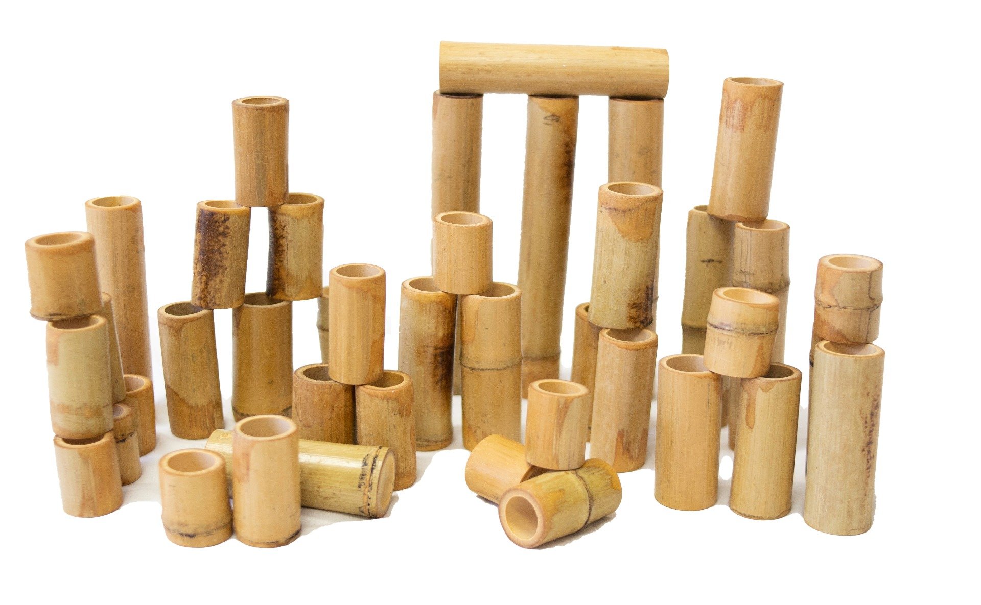 A colorful assortment of 40 bamboo pieces in a calico bag, ideal for counting and building activities for children.