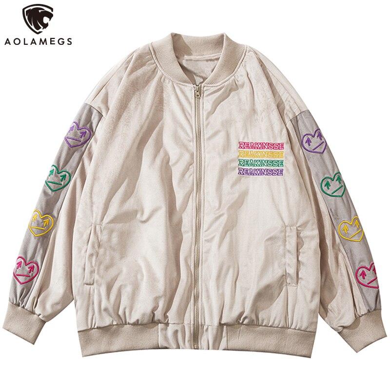 Men's colorful heart embroidered baseball jacket with patchwork design, featuring a zipper closure and ribbed cuffs.