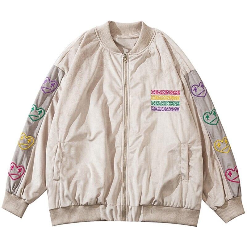 Men's colorful heart embroidered baseball jacket with patchwork design, featuring a zipper closure and ribbed cuffs.