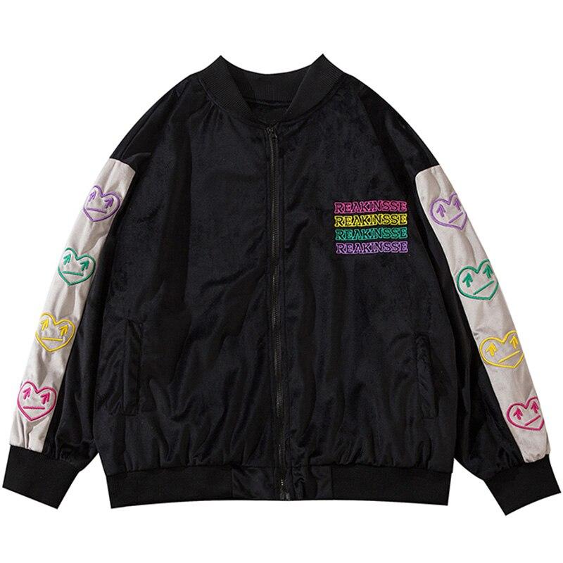 Men's colorful heart embroidered baseball jacket with patchwork design, featuring a zipper closure and ribbed cuffs.