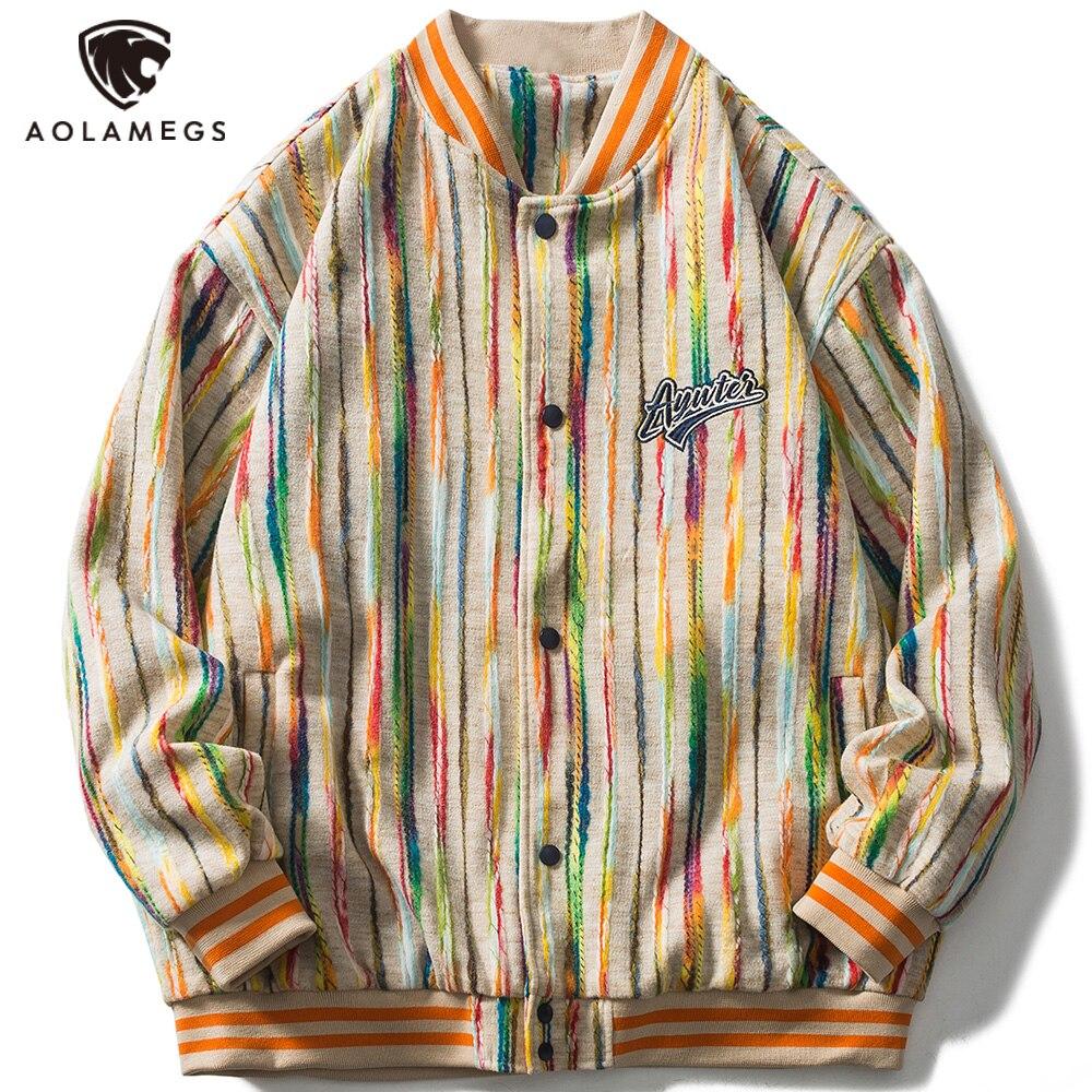 Men's baseball jacket featuring colorful knitted stripes and letter embroidery, perfect for streetwear and hip hop style.