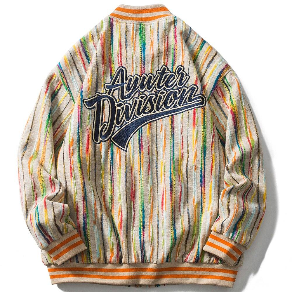 Men's baseball jacket featuring colorful knitted stripes and letter embroidery, perfect for streetwear and hip hop style.