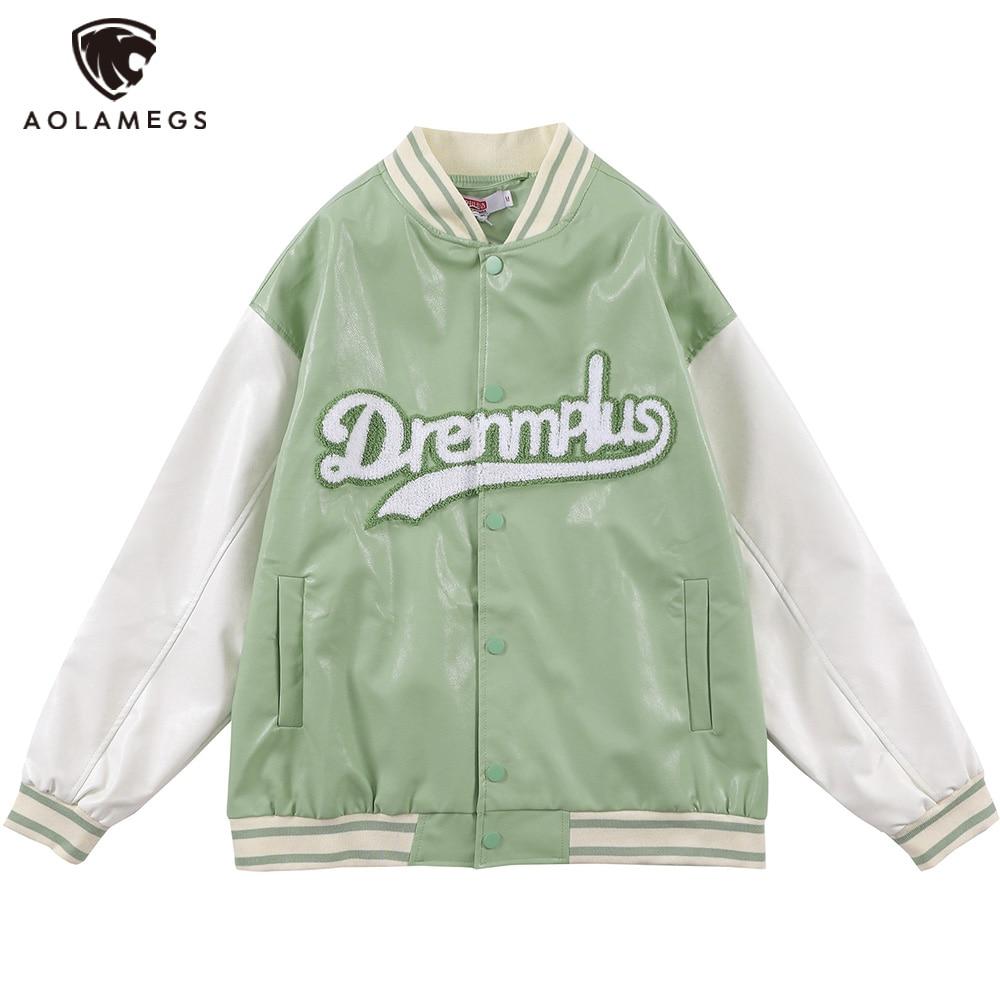 Men's retro baseball jacket featuring color block design and furry patches, perfect for autumn streetwear.