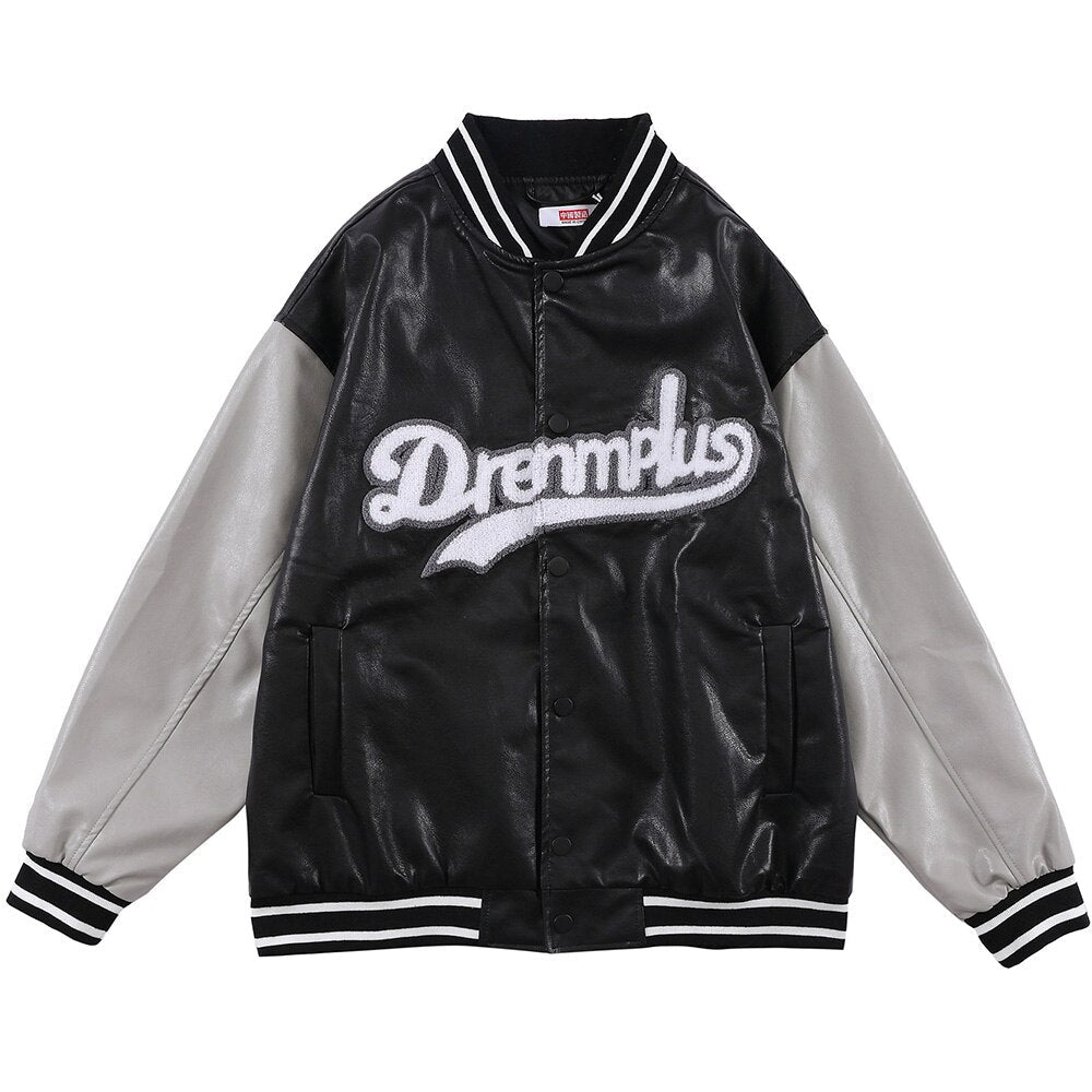 Men's retro baseball jacket featuring color block design and furry patches, perfect for autumn streetwear.