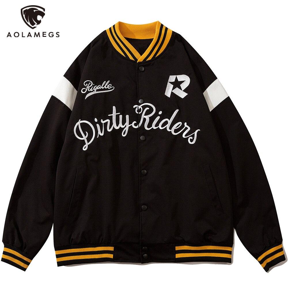 Men's baseball jacket featuring star letter embroidery and patchwork design in black and white colors.